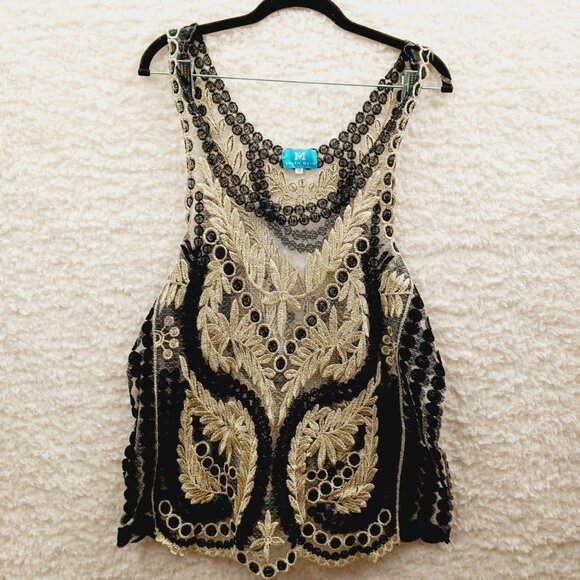 Cami Tank Top Size 2XL Gold Black Metallic Goth Lace Flappercore Fairy Mob Wife - Picture 1 of 12